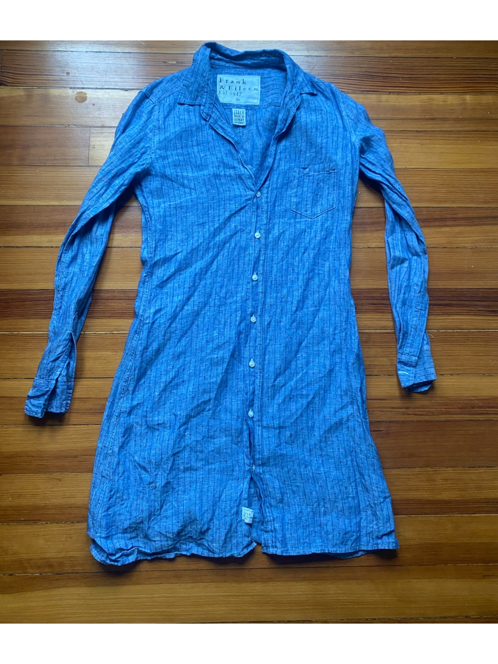 Frank & Eileen 100% linen Blue Button-Front Shirt Dress